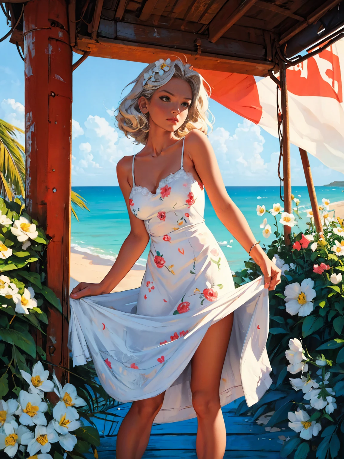 old retro poster, USSR,  Caribbean seaside, Neon, photo shoot, 1 ultra hot gorgeous woman. Age 23.  short white wavy hair, expressive breasts, in a white sundress with a pattern of flowers on fabric, fashionista, 80s, hd