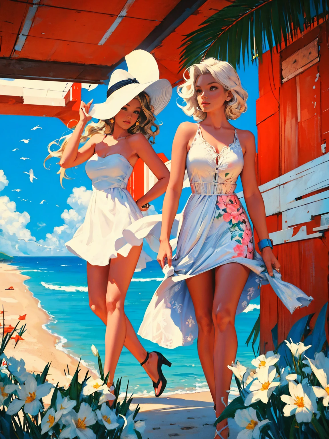 old retro poster, USSR, Caribbean seaside, Neon, photo shoot, 1 ultra hot gorgeous woman. Age 23. short white wavy hair, expressive breasts, in a white sundress with a pattern of flowers on fabric, fashionista, 80s, hd
