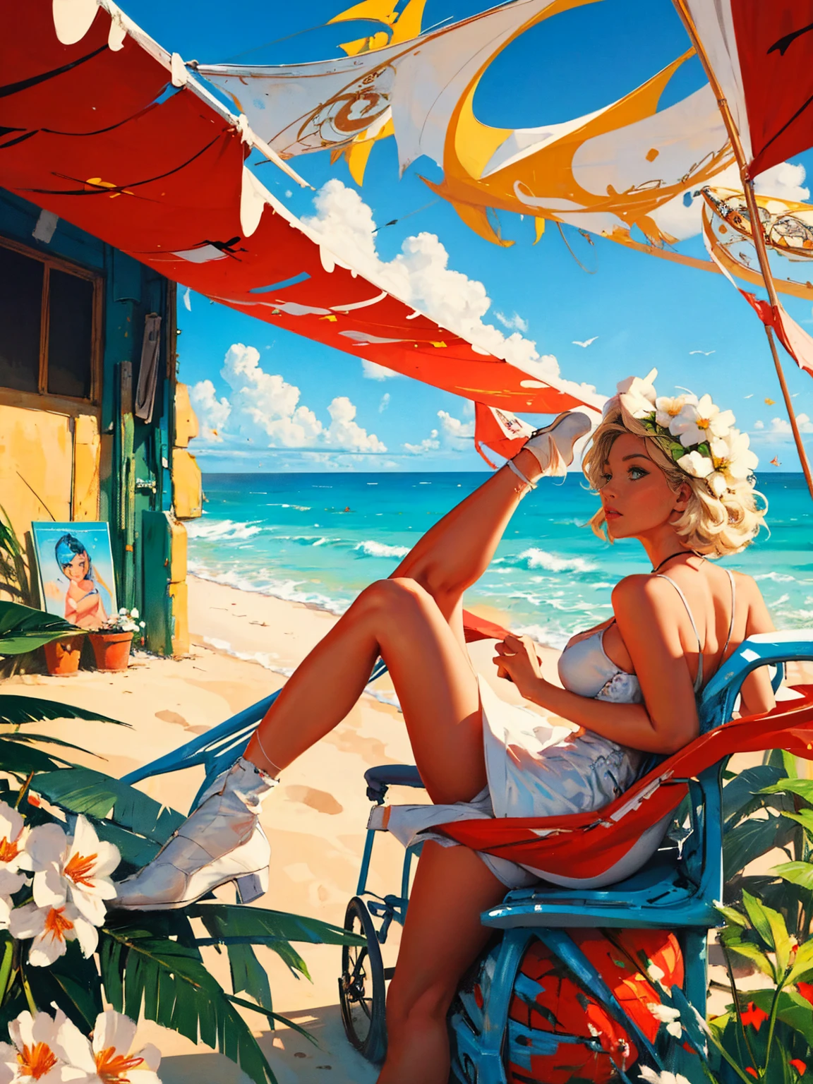 old retro poster, USSR,  Caribbean seaside, Neon, photo shoot, 1 ultra hot gorgeous woman. Age 23.  short white wavy hair, expressive ???????, in a white sundress with a pattern of flowers on fabric, fashionista, 80s, hd