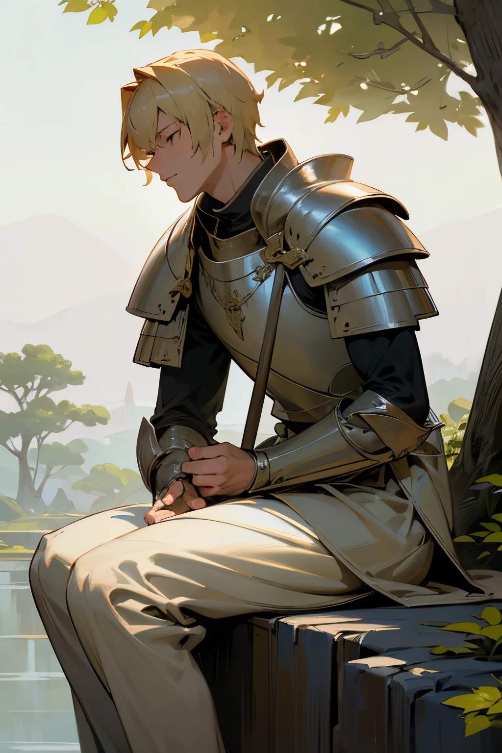 A blonde male knight, intricate silver armor, double-edged sword, tall well-built physique, calm peaceful expression, anime isekai style, simple smile, sitting on a rock under a tree, peaceful theme, (best quality,4k,8k,highres,masterpiece:1.2),ultra-detailed,(realistic,photorealistic,photo-realistic:1.37),fantasy,digital painting,highly detailed,dramatic lighting,cinematic composition,soft colors,muted tones,natural scenery,serene environment,medieval setting