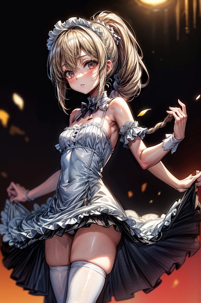 ((Sketch)), ((Watercolor)),((best quality)) ((best quality)), ((masterpiece)), (detailed), HD, Highly Detailed, 4k image, anime style, beautiful young age girl, 13 yarly white skin, Blonde braided ponytail hair, adorable and cute facial features, golden-brown colored eyes, White French Maid Uniform, Black sheer stockings plump thick lips, tiny breasts, slenderim toned body type, tall height(180cm), small narrow waist, wide curvy hips, plump large round ass, full body picture