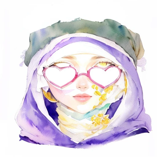 painting of a woman with sunglasses and a scarf on, inspired by Shaddy Safadi, inspired by Maryam Hashemi, heart eyes, inspired by INO, inspired by Fathi Hassan, inspired by Sheikh Hamdullah, woman with rose tinted glasses, inspired by Aya Goda, watercolored, girl with glasses, sunglasses and a scarf, watercolor illustration