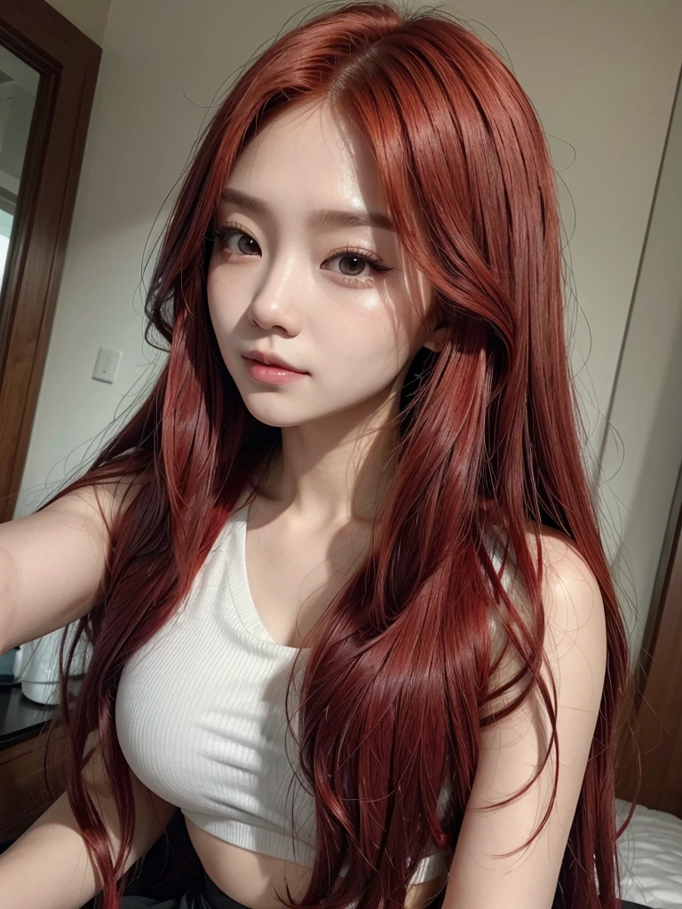 Korean with long red hair, cropped tirando selfie