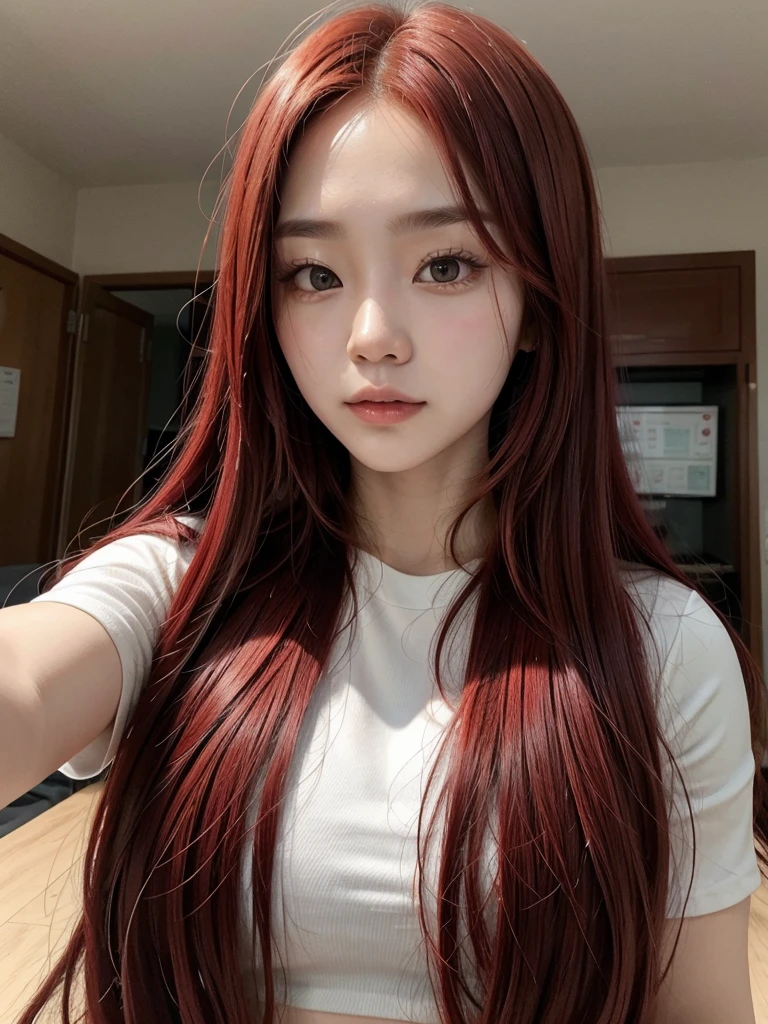 Korean with long red hair, cropped tirando selfie