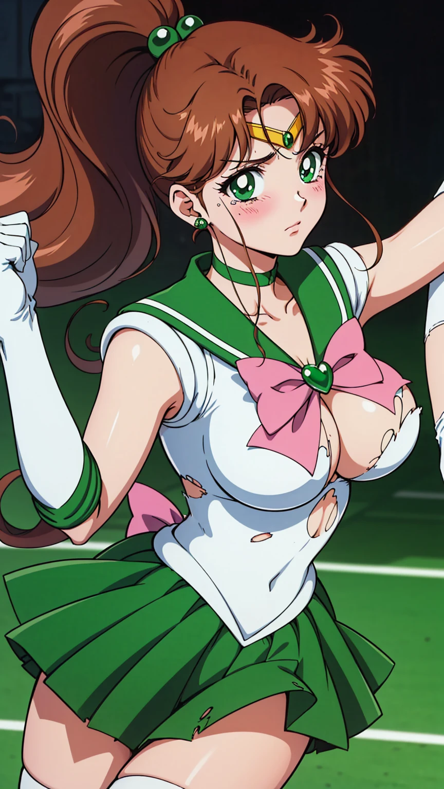 Highest quality, High resolution, 1990s \(style\), retro artstyle, 1990s anime cels style, Sailor Jupiter, Fighting, Sailor Warrior Uniform, Green sailor collar, White gloves, Green pleated skirt, Pink ribbon, ponytail, jewelry, Earrings、(Torn clothes、tits)、Dynamic、廃墟でFighting、Torture scene、Torture chamber、Tortured Woman、tears、blush、sad