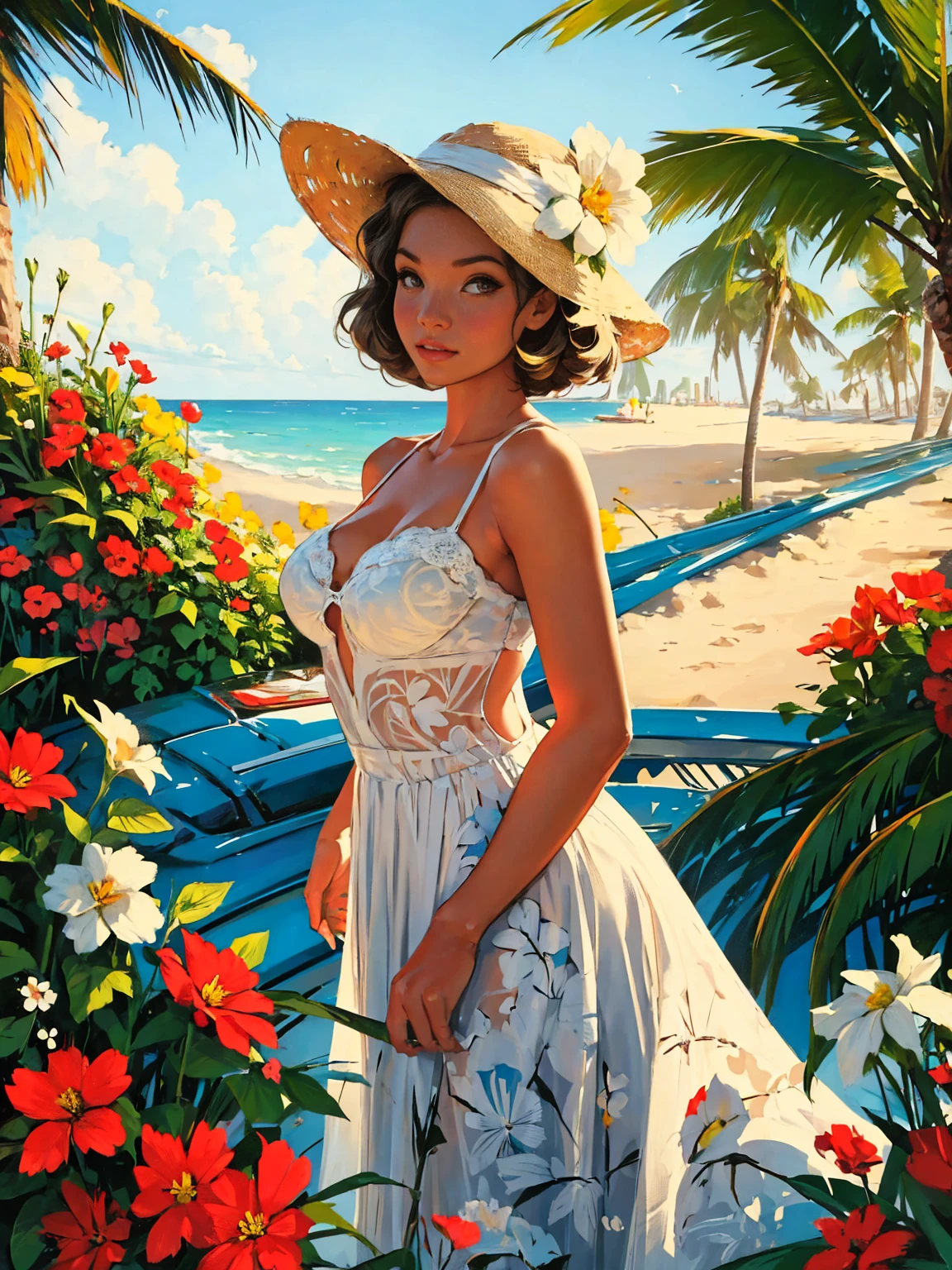 old retro poster, USSR,  Caribbean seaside, Neon, photo shoot, 1 ultra hot gorgeous woman. Age 23.  short white wavy hair, expressive breasts, in a white sundress with a pattern of flowers on fabric, fashionista, 80s, hd