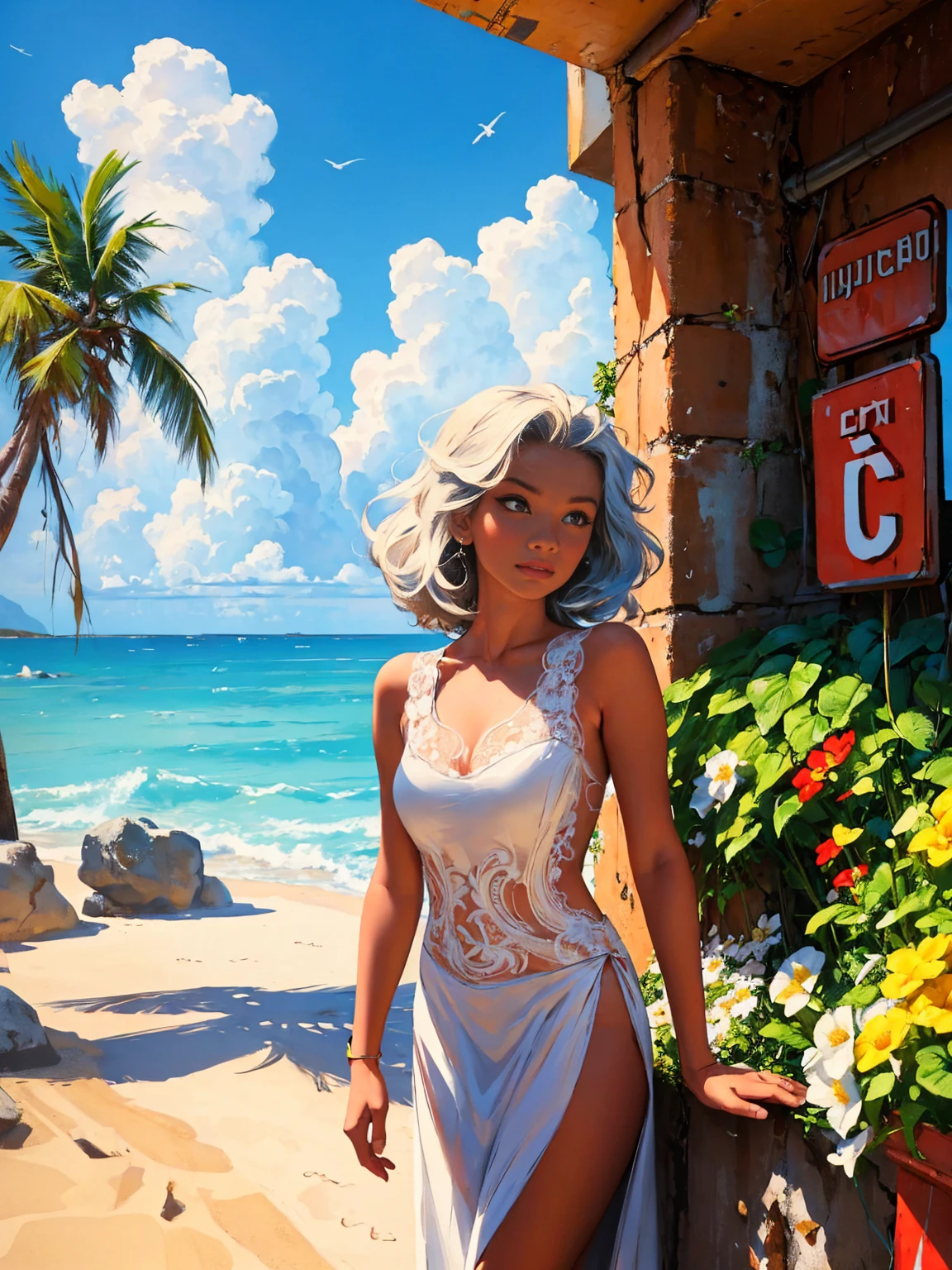 old retro poster, USSR,  Caribbean seaside, Neon, photo shoot, 1 ultra hot gorgeous woman. Age 23.  short white wavy hair, expressive breasts, in a white sundress with a pattern of flowers on fabric, fashionista, 80s, hd