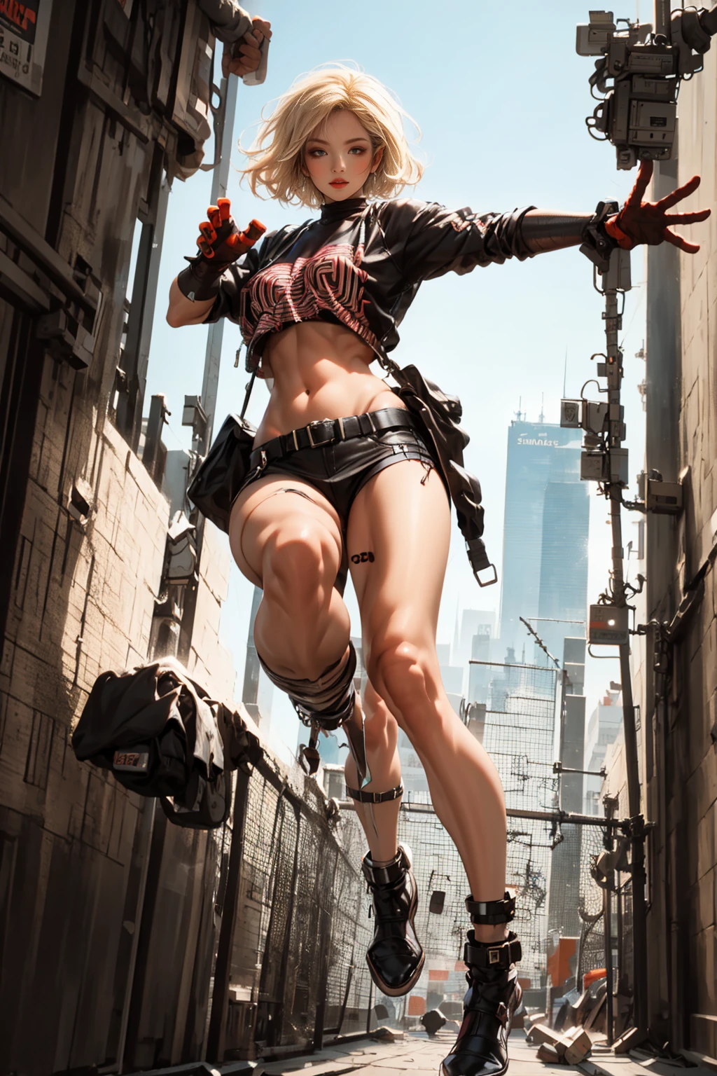 Ultra-realistic CG K ,((premium、8k、32k、Masterpiece、NFFSW:1.3)), (superfine illustration)、(super high resolution), (((adult body))), (((1 boy in))), ((( modern short hair))), 25 year old cyberpunk gladiator with perfect body, Shoulder pads with metal spikes., Gladiadores in Brooklyn, (( short hair bob )), Torn rugby team t-shirt, Almost naked in the wild urban style of Simon Bisley, short blonde hair, minimal clothing, Metallic protection on the left arm with complex graphics...., Dark red with white stars and blue and white stripes.,(( dynamic action pose:1.5)), armor, Full of spikes and rivets., poison tattoo (((Image from the knee up))), short white blonde hair, In the background、 There is a wall with an intricate design painted by Shepard Fairey....