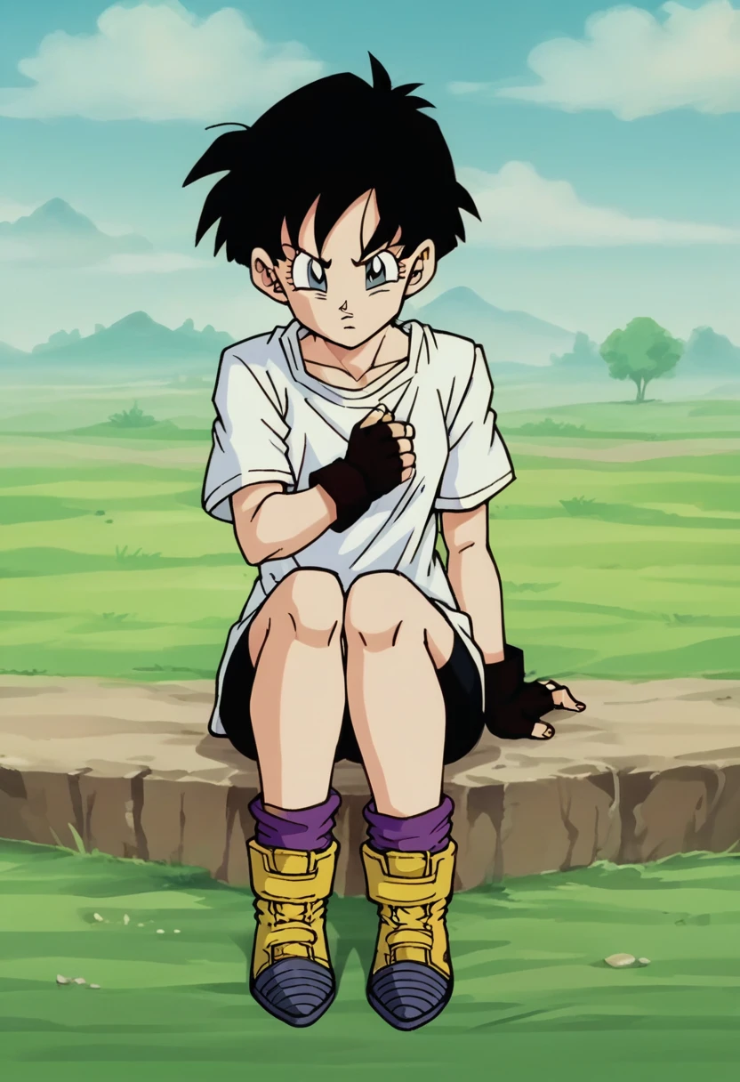 source_anime, score_9, score_8_up, score_7_up, anime screencap,((short hair)),
official style, anime coloring,
videl, black hair, blue eyes,
long white shirt, sitting, two tone footwear, yellow boots, purple loose socks, bike shorts,
outdoors, grass, looking at viewer,