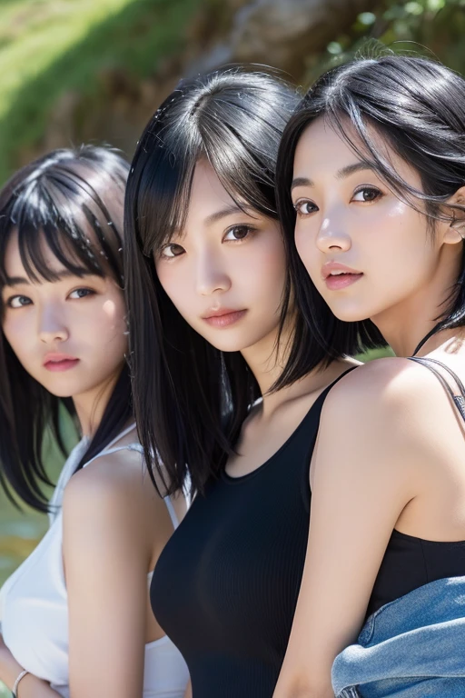 Three smiling girls, Blowing in the wind for a long time [Blue-black:.3] hair,View Audience, (masterpiece:1.3), (8K, Realistic, RAW Photos, Highest quality: 1.4), Japanese, (One Girl), Beautiful Face, (Realistic Face), (black hair, short hair:1.3), beautiful hairstyle, Realistic eyes, Beautiful details, (Realistic Skin), Beautiful Skin, charm, Ultra-high resolution, Ultra-realistic, Very detailed, Mountain stream, Shooting with a smartphone、No bra
