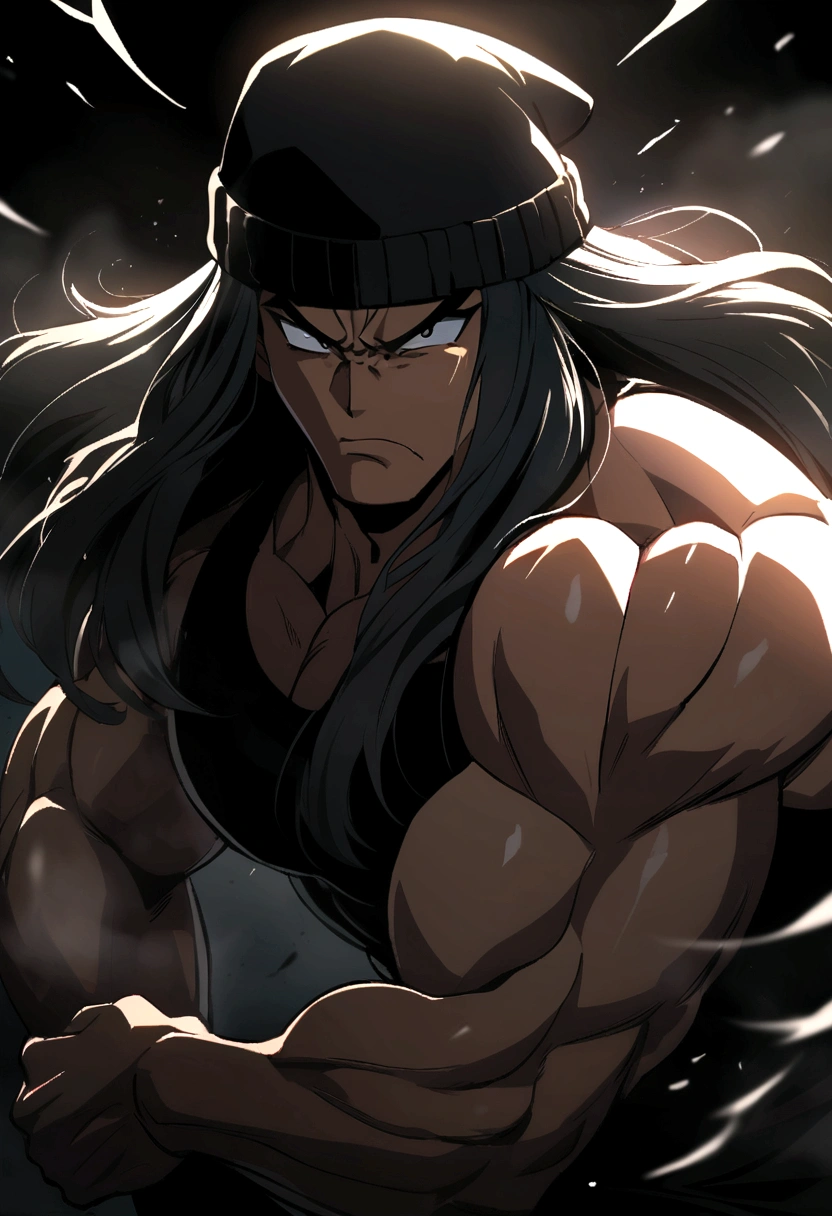 Medium muscular guy with LONG HAIR and black beanie hat very angry looking forward, very epic anime style