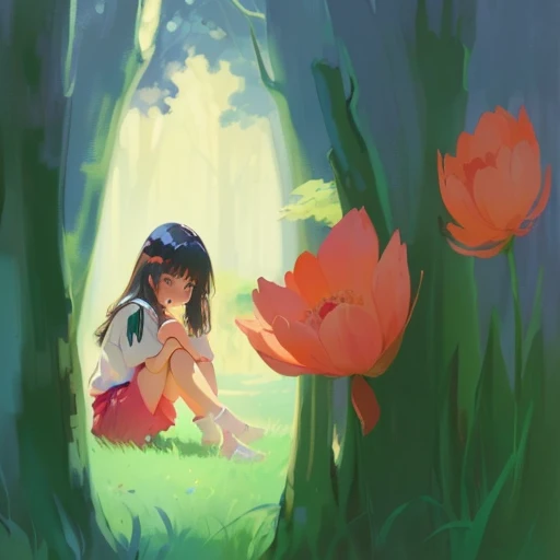 there is a drawing of a girl sitting in the grass, blurry and dreamy illustration, blurred and dreamy illustration, inspired by Ayako Rokkaku, mood painting, soft anime illustration, speedpaint, yume nikki, sitting in a colorful forest, animation still, inspired by Rumiko Takahashi, in a forest made of nightmares, inspired by Tosa Mitsuoki