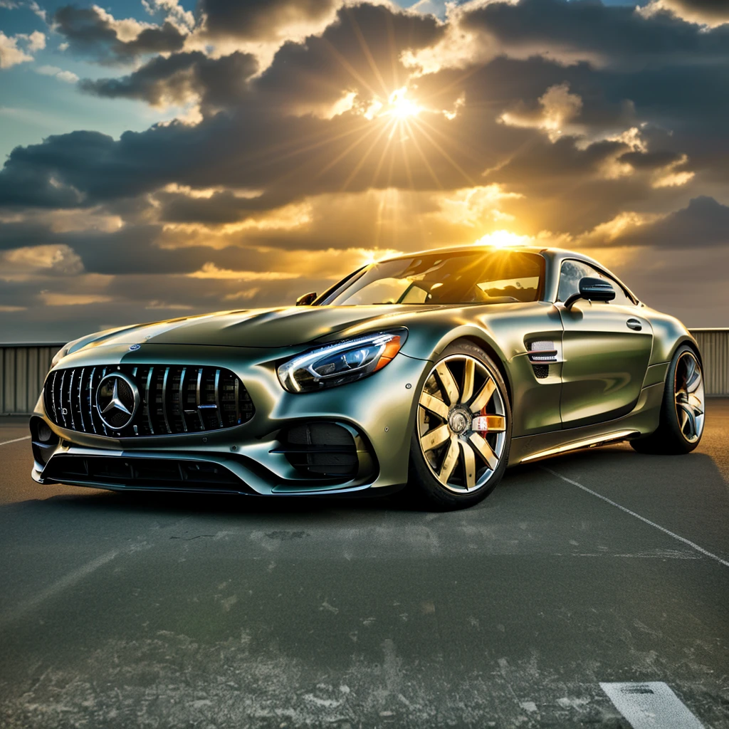 A Mercedes Benz amg serie black driving on a city track, racing road, racing race sign, green metal body, glass windows, metallic reflection, city track, tall building, sunset, photography, art station trend, sharp focus, intricate detail, high detail, ambient light, ray tracing