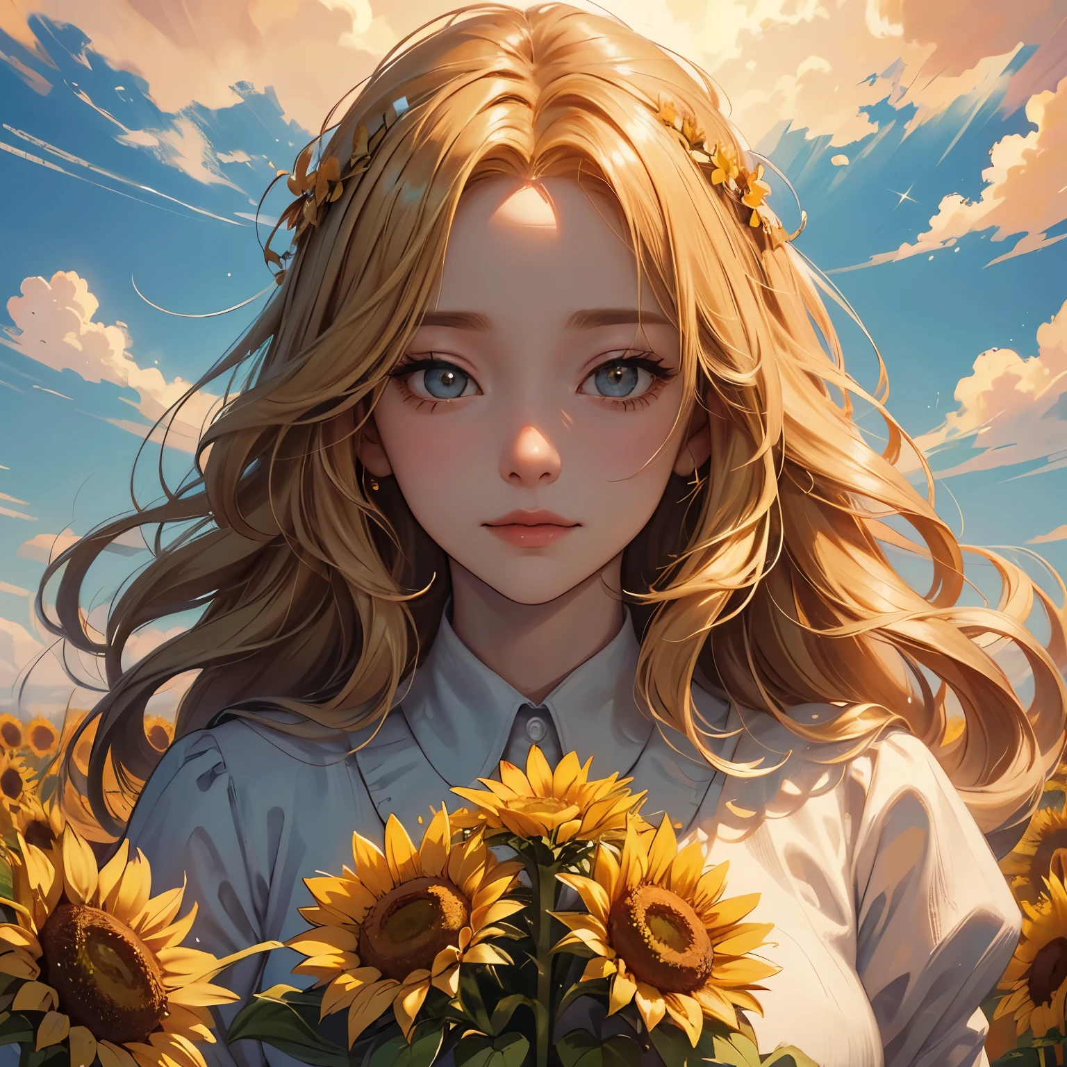 tmasterpiece, high high quality, cinematic Film still from, one-woman,Golden hair,Sunflowers are worn on the head, floating in sky, Cloud Girl, Clouds, (closeup:1.1), brightly, cheerfulness, intriguing, gentlesoftlighting, (bauhause, Shape, lineworks, abstracted: 1.1),