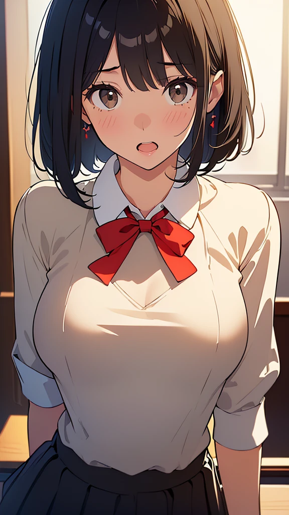 (masterpiece:1.6),(best quality1.6), (ultra high res1.2,(dark hair:1), ( black hair:1),(beautiful Busty breasts:1.1), (sweat:1),(aroused:1.2) ,embarrassed,blush, orgasm fafe, (sexual ecstasy face:1.2), watery eyes, (nsfw:1.3),a boy,(a penis:1.4), (fellatio:1.4),(kneeling:1.2),show off breats,(show off nipples:1.2),(beautiful girl:1.4),a girl,(bob hair:1.2),a mole around the mouth,(beige V Neck Sweater:1),(school uniform1.1),a red Checked bow tie, (upper body shot:1.3),shot from above,close-up,