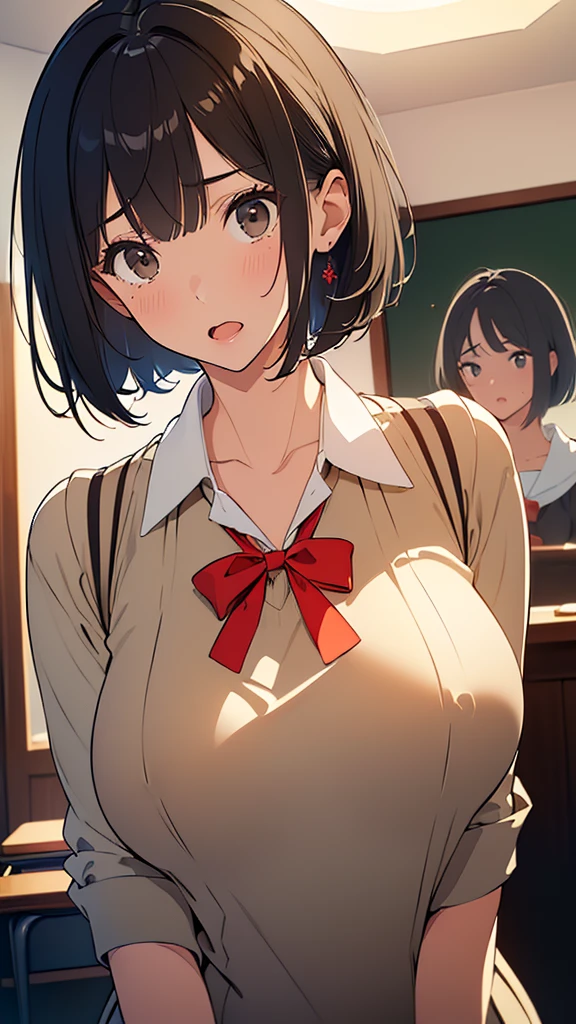 (masterpiece:1.6),(best quality:1.6), (ultra high res1.2),perfect proportion,(dark hair:1), ( black hair:1), (black eyes:1.1),(beautiful Busty breasts:1.2), (beautiful girl:1.4),a girl,(medium bob hair:1.2),a sexy mole around the mouth,open mouth,(aroused:1.3), (embarrassed:1.3), (beige V Neck Sweater:1.1),(school uniform1),a red Checked bow tie, (upper body shot:1.3)