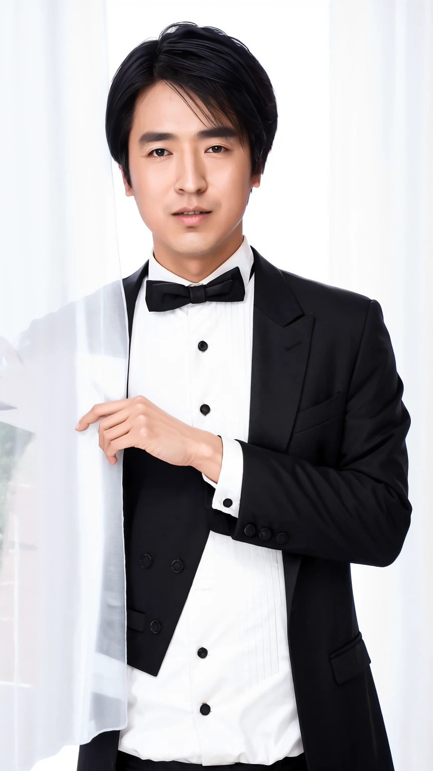 35-year-old man， Soft headlights，High-density imaging，((short hair))，((Black suit))，((White shirt))，((Various dynamic poses))，((Half-length photo))，((Background is white curtain))，best quality，masterpiece，（Soft colors：1.2）