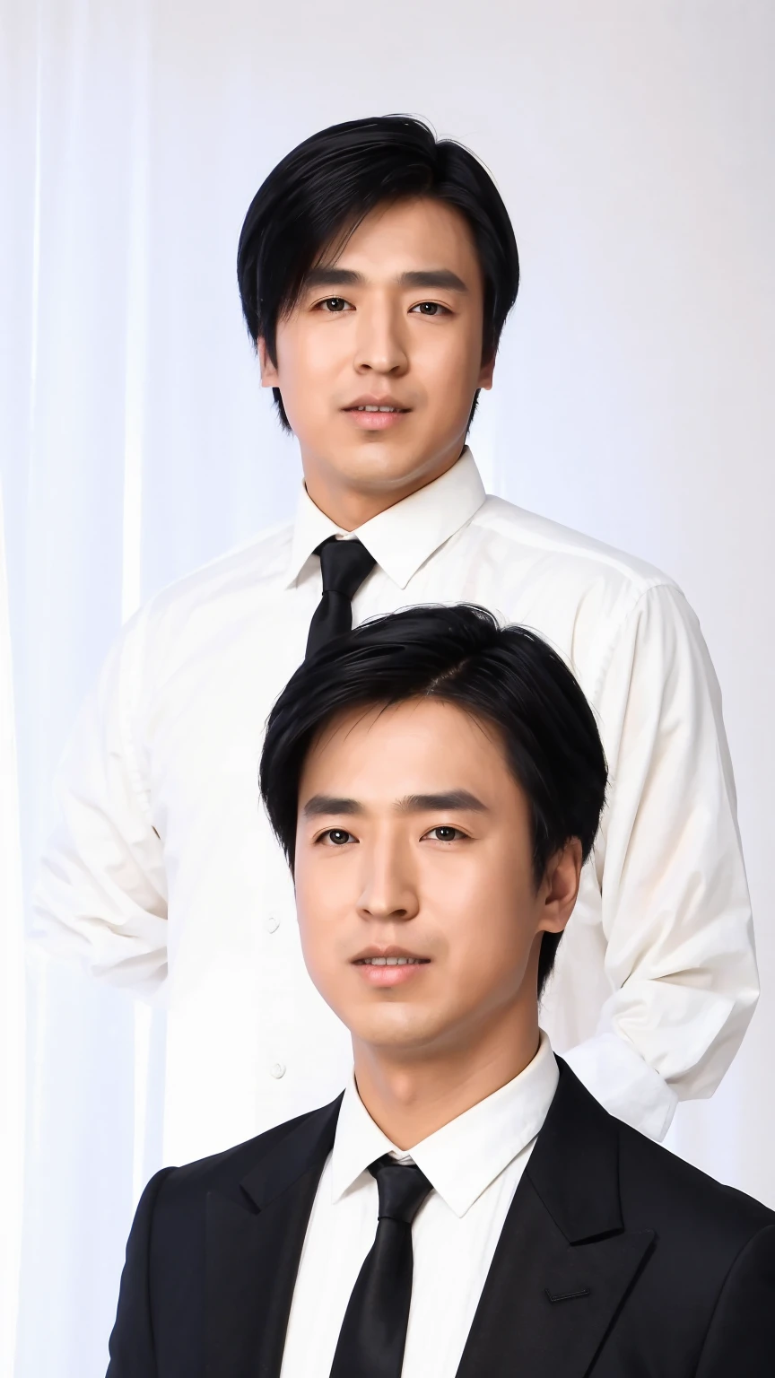 35-year-old man， Soft headlights，High-density imaging，((short hair))，((Black suit))，((White shirt))，((Various dynamic poses))，((Half-length photo))，((Background is white curtain))，best quality，masterpiece，（Soft colors：1.2）