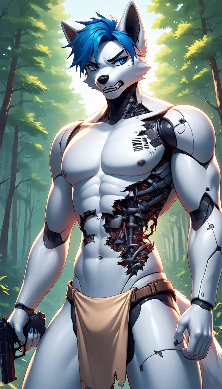 (score_9, score_8_up, score_7_up, score_6_up) BREAK (furry, source furry, uploaded on e621) BREAK robot, android, android skin, barcode tattoos on the body, (broken neck:1.2, damaged belly:1.2, damaged arms:1.2), cracked chest, solo, male, adult, nude, athletic, thin waist, white arctic fox, white fur, short messy dark blue hair, cute young face, talking, black mouth, canine teeth, blue robot eyes, hard nipples, white loincloth, mechanical components, blue mechanical parts, holster, gun, handgun, holding handgun, hand holding handgun, exploring, exploring the forest, forest, forest background, angry expression, looking away, BREAK good quality, best quality, high quality, high definition, hd, 4k, 8k, masterpiece, good proportion, perfect proportion, good anatomy, perfect anatomy 