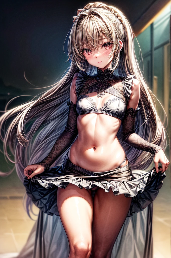 ((Sketch)), ((Watercolor)),((best quality)) ((best quality)), ((masterpiece)), (detailed), HD, Highly Detailed, 4k image, anime style, beautiful young teenage girl, 13 years old, pearly white skin, Blonde braided ponytail hair, adorable and cute  features, golden-brown colored eyes, White French Maid Uniform, Black sheer stockings plump thick lips, tiny breasts, slender and slim toned body type, tall height(180cm), small narrow waist, wide curvy hips, plump large round ass, full body picture
