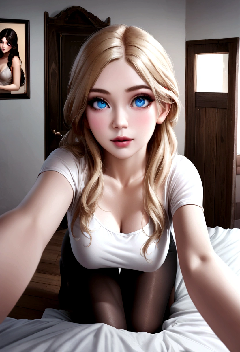 arafed woman fully , sexy girl with blue eyes, ultra realistic, meticulously detailed, portrait sophie mudd, blonde hair and large eyes, selfie of a young woman, bedroom eyes, violet myers, without makeup, natural makeup, looking directly at the camera, face with artgram, subtle makeup, stunning full body shot kneeling on bed, in bedroom