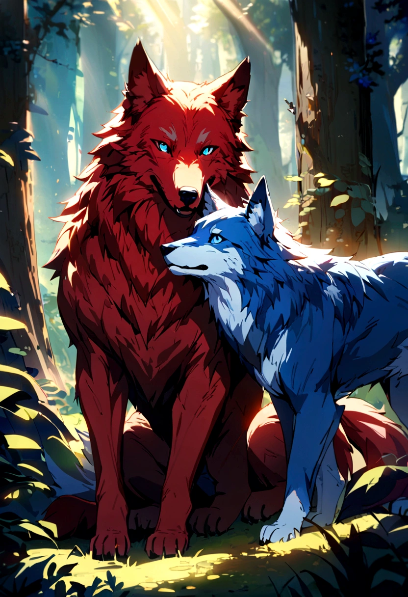 
Two wolves, Red fur, blue fur, bright blue eyes, in the most beautiful enchanted forest, highly, brightly lit, detailed, perfect masterpiece, high quality, high resolution, one blue wolf, one red wolf, wolf couple.