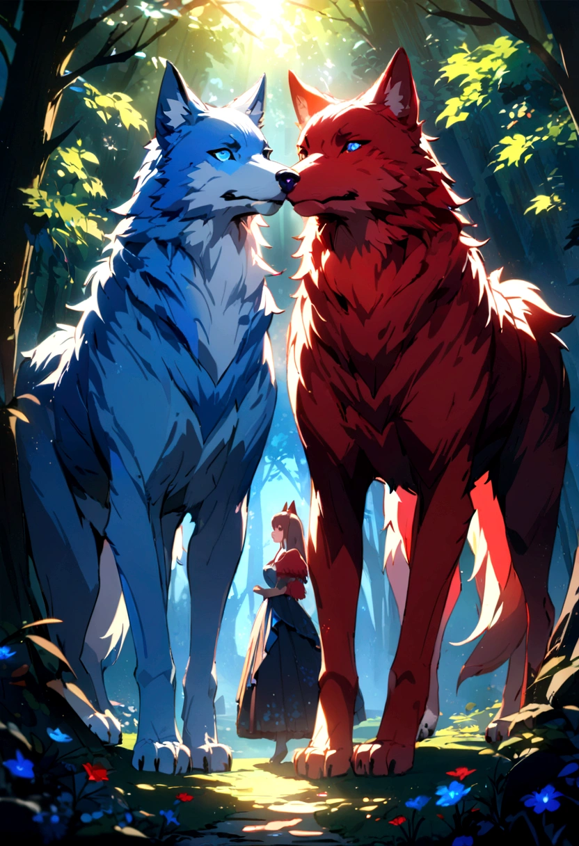 
Two wolves, Red fur, blue fur, bright blue eyes, in the most beautiful enchanted forest, highly, brightly lit, detailed, perfect masterpiece, high quality, high resolution, one blue wolf, one red wolf, wolf couple.