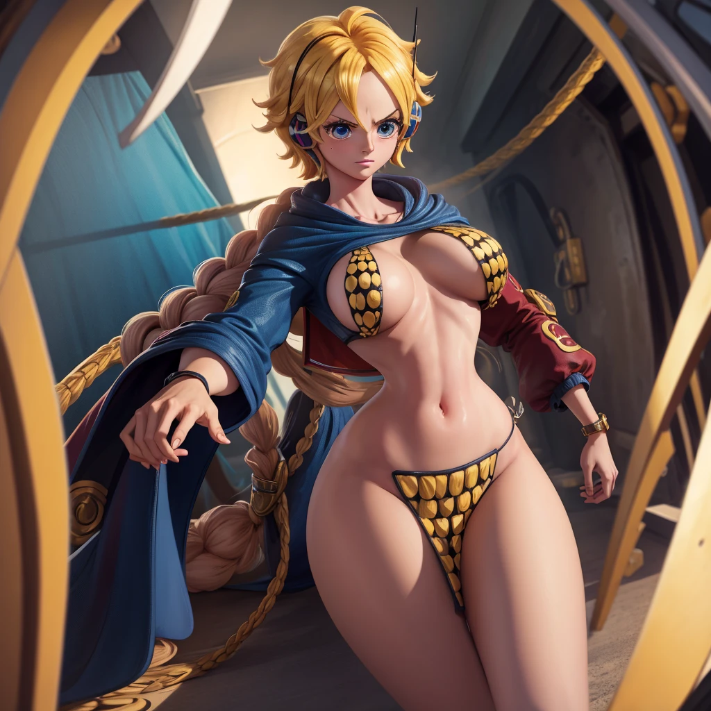 A highly detailed Rebecca from the One Piece anime series, wearing her suit from the Egghead arc, exquisite facial features, piercing eyes, delicate lips, flowing hair, intricate textures and folds in her outfit, dynamic pose, cinematic lighting, muted color palette, photorealistic, masterpiece, 8k, hyper detailed