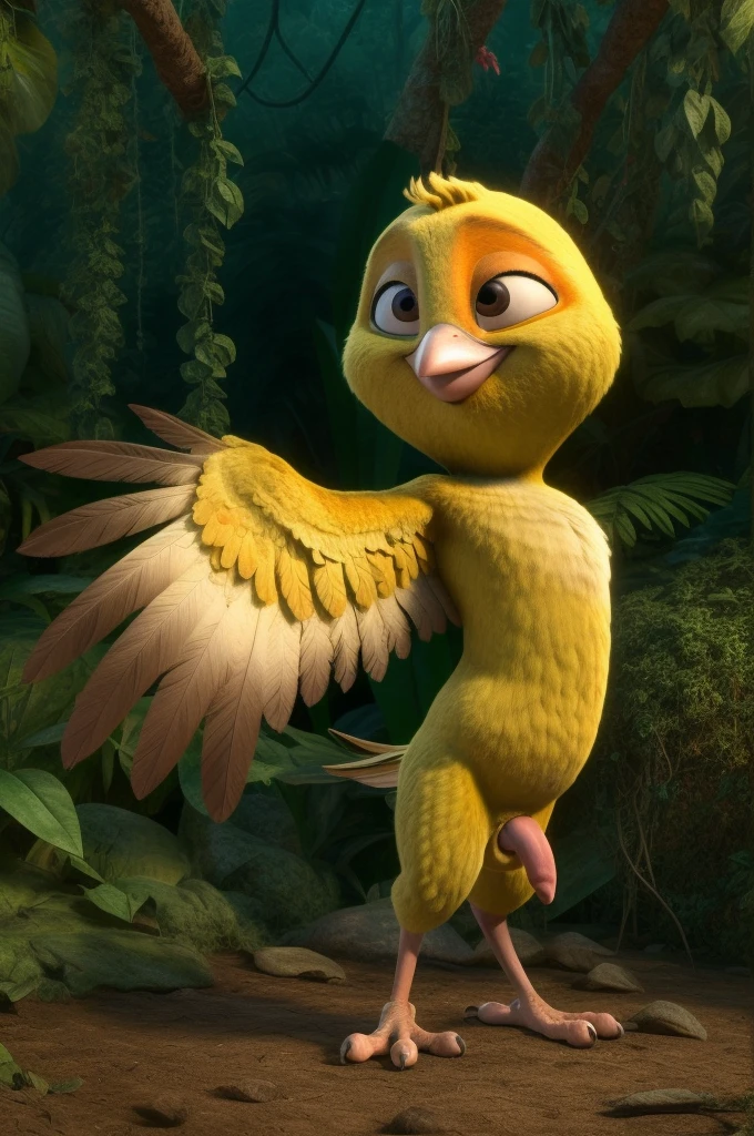 ((NSFW, sexual)), rio movie, jungle landscape, nico a male yellow canary, avian, ((anthro)), human body, furry, feathered arms, ((exposing big tapering penis, testicles)), standing, brown eyes, bedroom eyes, seductive, smiling, realistic, digitigrade legs, detailed eyes