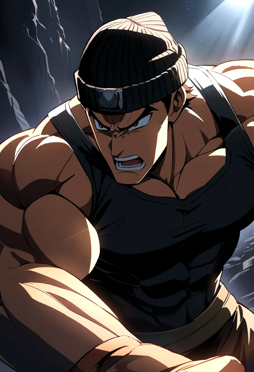 Medium muscular guy with MEDIUM LONG BROWN HAIR and black beanie hat very angry looking forward, very epic anime style
