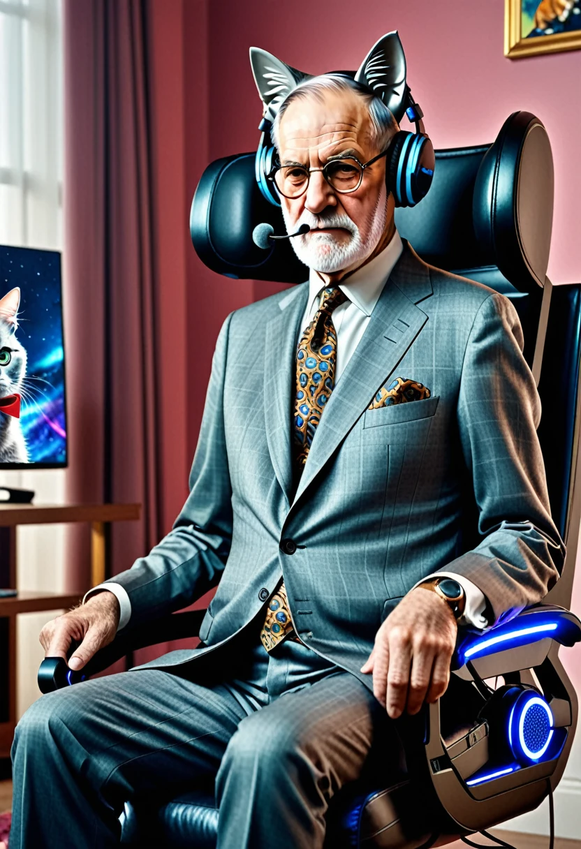 Masterpiece, hi res, absurdres Best Quality, 4K, 8K, detailed, sigmund Freud sitting in a gaming chair with cat ear gaming headphones, anime pósters on background