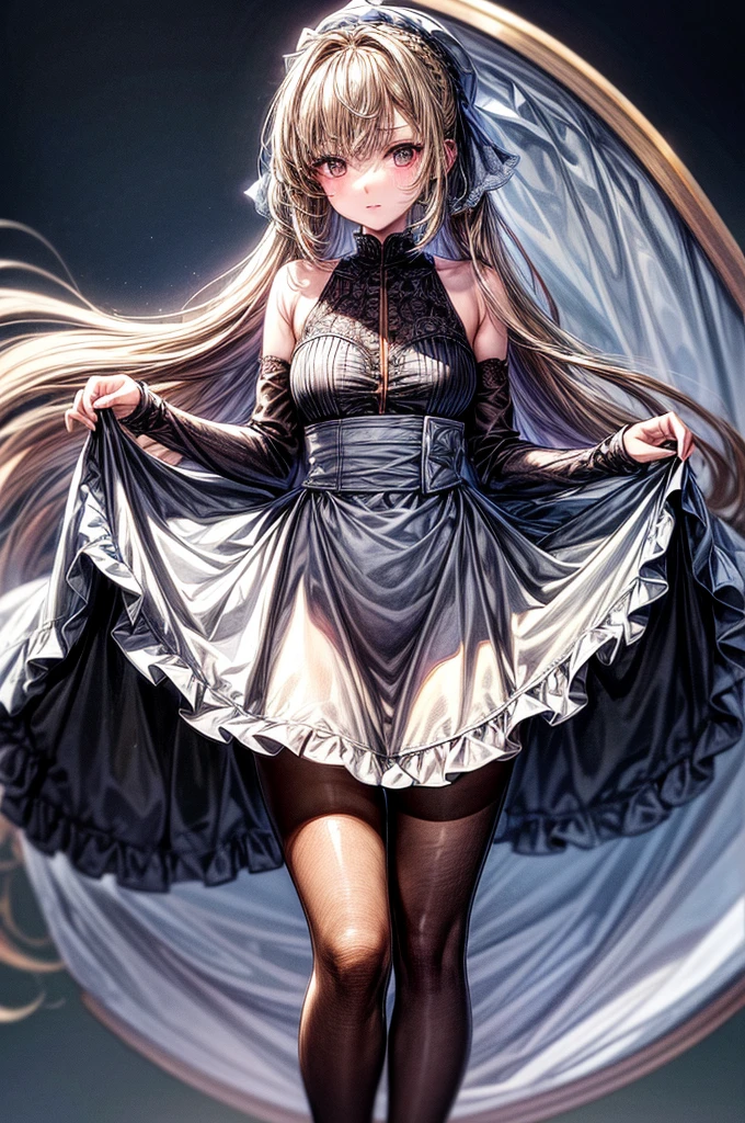 ((Sketch)), ((Watercolor)),((best quality)) ((best quality)), ((masterpiece)), (detailed), HD, Highly Detailed, 4k image, anime style, beautiful young age girl, 13 yarly white skin, Blonde braided ponytail hair, adorable and cute facial features, golden-brown colored eyes, White French Maid Uniform, Black sheer stockings plump thick lips, tiny breasts, slender and slim toned body type, tall height(180cm), small narrow waist, wide curvy hips, plump large round ass, full body picture