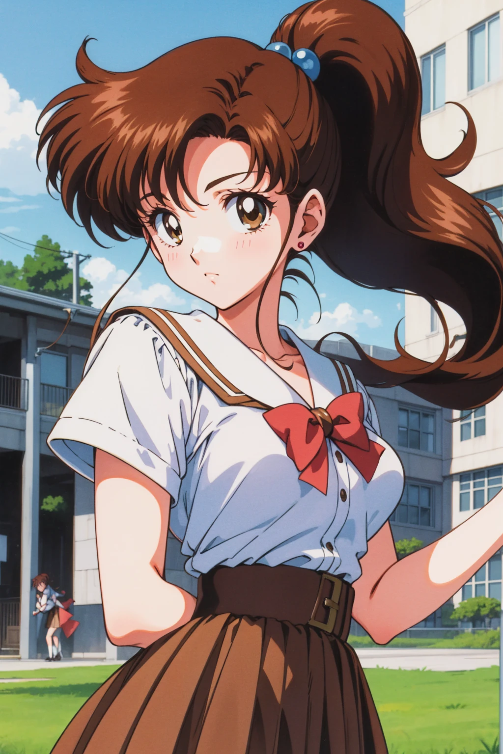 Highest quality, High resolution, 1990s \(style\), retro artstyle, 1990s anime cels style, brown , brown pleated skirt, ponytail,In the schoolyard、