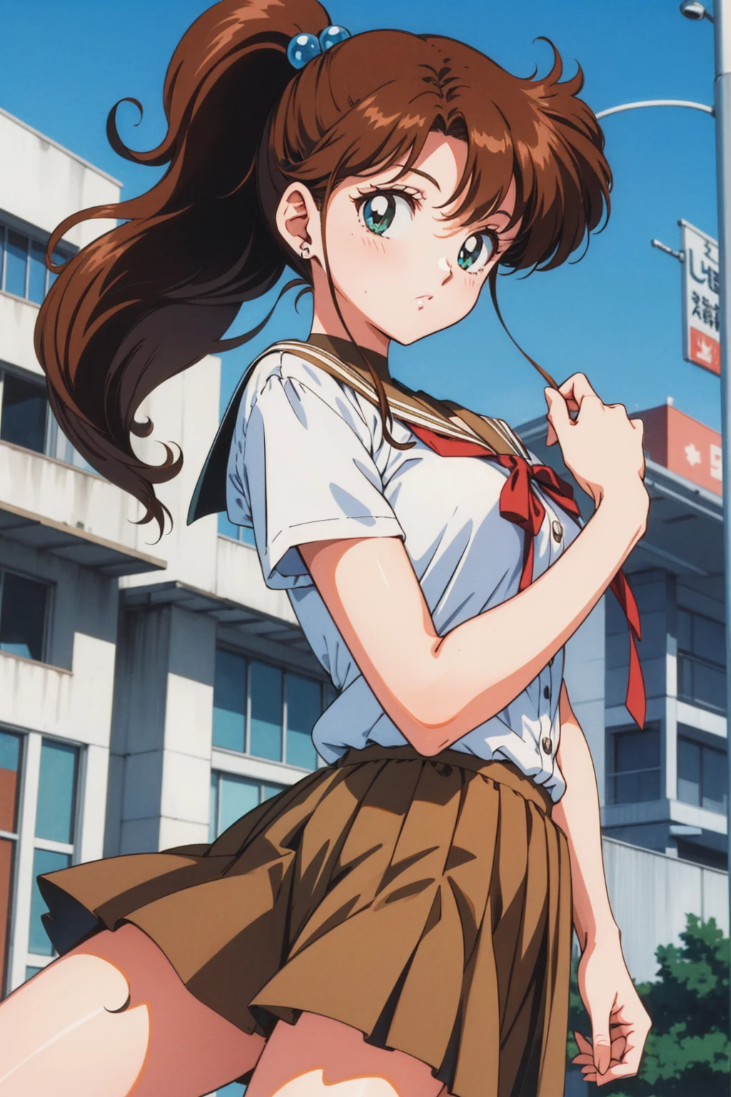 Highest quality, High resolution, 1990s \(style\), retro artstyle, 1990s anime cels style, brown , brown pleated skirt,  ponytail,In the schoolyard、