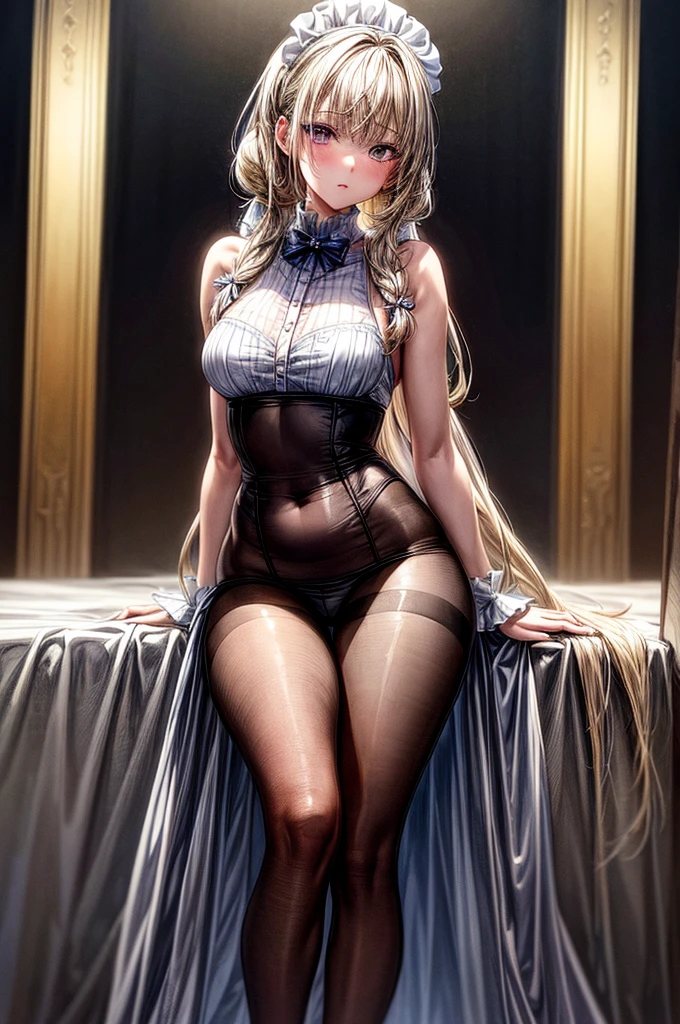 ((Sketch)), ((Watercolor)),((best quality)) ((best quality)), ((masterpiece)), (detailed), HD, Highly Detailed, 4k image, anime style, beautiful young age girl, 13 yarly white skin, Blonde braided ponytail hair, adorable and cute facial features, golden-brown colored eyes, White French Maid Uniform, Black sheer stockings plump thick lips, tiny breasts, slender and slim toned body type, tall height(180cm), small narrow waist, wide curvy hips, plump large round ass, full body picture