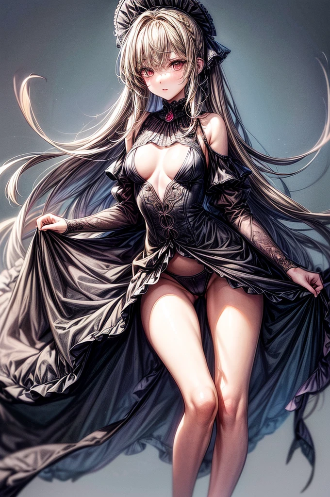 ((Sketch)), ((Watercolor)),((best quality)) ((best quality)), ((masterpiece)), (detailed), HD, Highly Detailed, 4k image, anime style, beautiful young teenage girl, 13 years old, pearly white skin, Blonde braided ponytail hair, adorable and cute  features, golden-brown colored eyes, White French Maid Uniform, Black sheer stockings plump thick lips, tiny , slender and slim toned body type, tall height(180cm), small narrow waist, wide  , plump large round , full body picture
