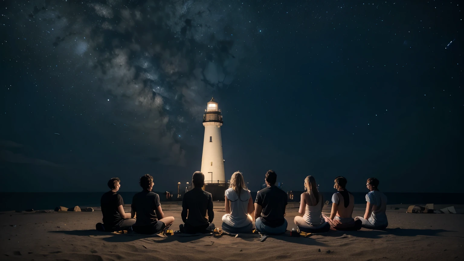 a lighthouse on a starry night with a full moon illuminating a group of people who are meditating.