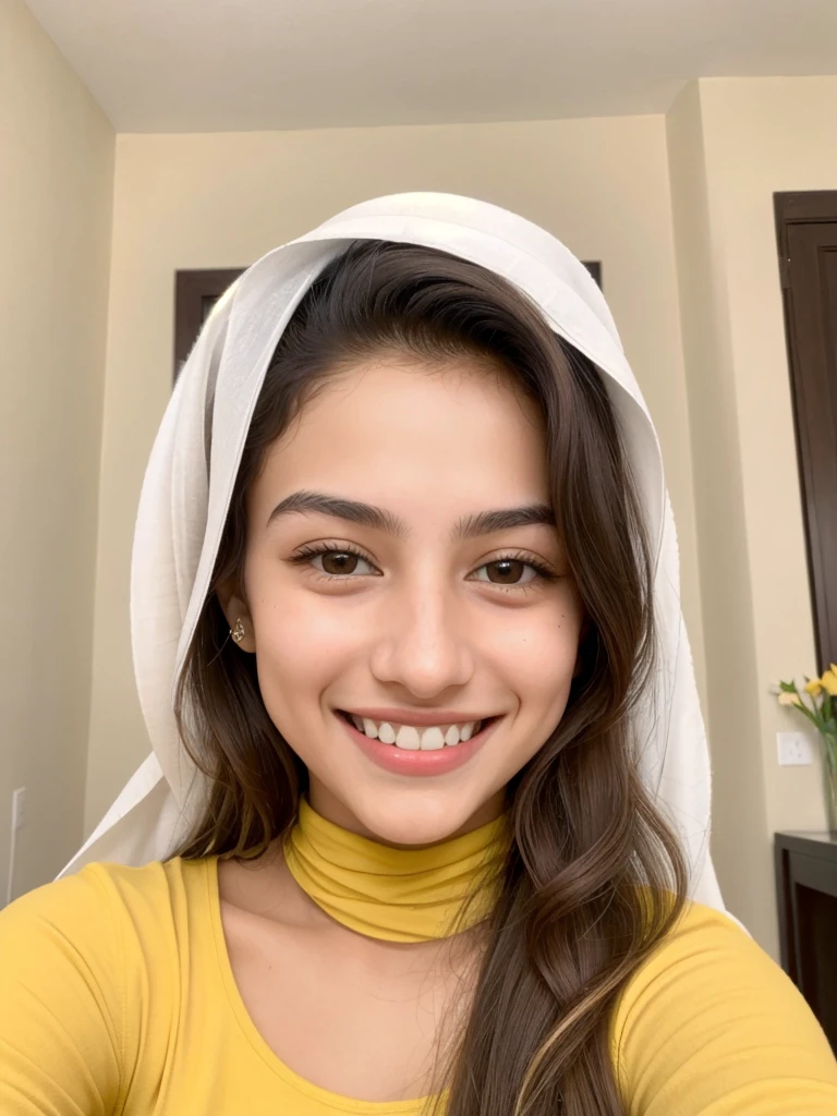 20YO, small nose, one women,attractive, Jordanian, Arab, Bright Yellow shirt, cute smile, cute face, white teethes, skinny face, light brown eyes, black/blonde long hair, modest, selfie
