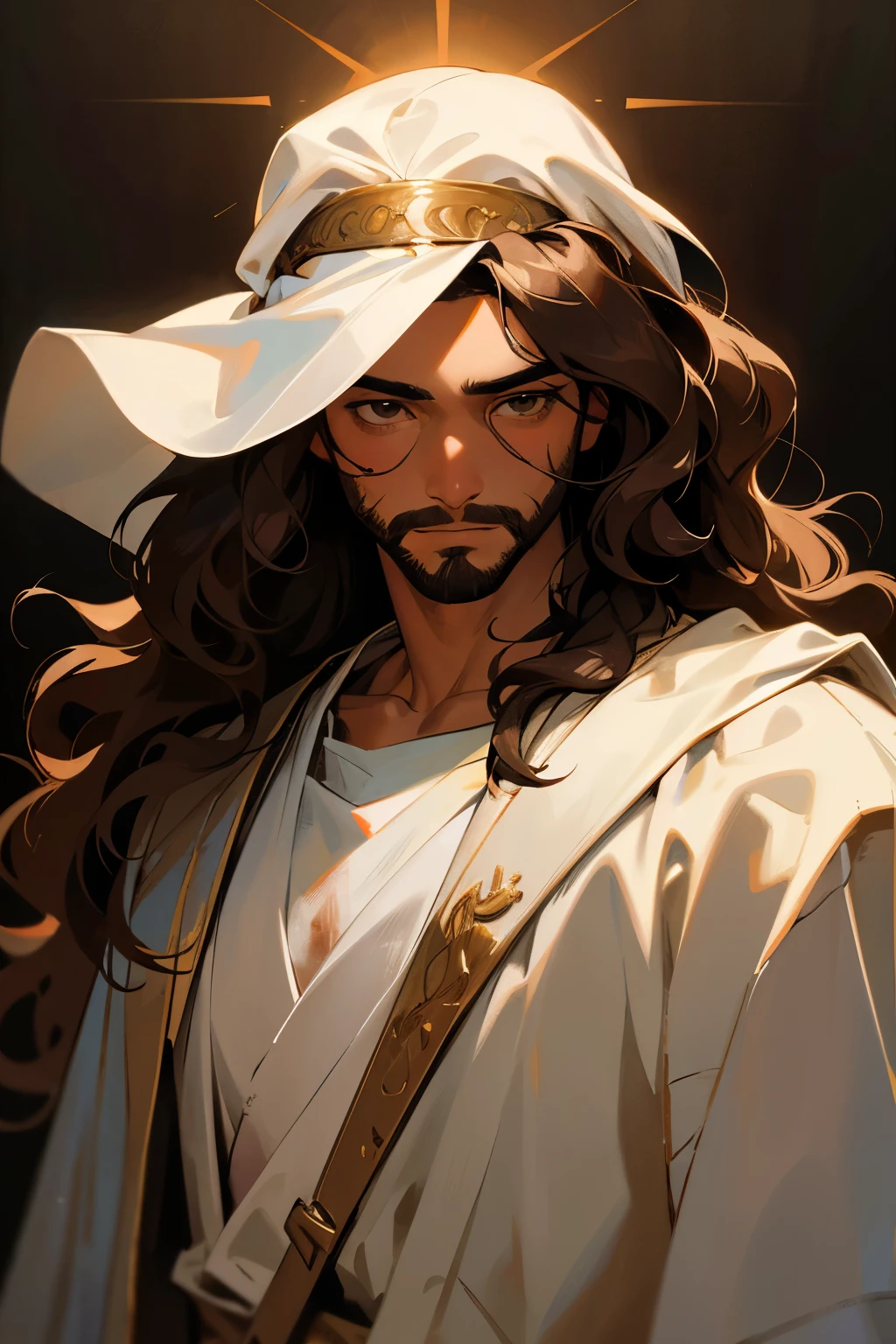 create an image in a semi-realistic painting style of Jesus As a man. with brown skin, wavy hair down to the shoulders, and wearing diadems on the head and eyes like the sun, dressed in a white robe stained with blood him lookin at the front