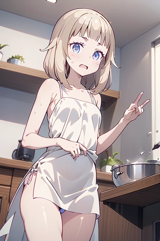 1 girl in, purple color hair、Purplish pink eyes that dreamers desire, (Blonde hair) , small stature, Colossal tits, Lori, (masutepiece:1.2, Best Quality), (finely detailed beautiful eye: 1.2), (beautifull detailed face), (Best Illumination, extremely delicate and beautiful), ((Cinematic Light)), Dramatic light, (Pale white background:1.5), Short bob hair(1:3)、Ultra Contrast、Braid a little around the ears, clavicle, White long dress、only has 5 fingers、、Her pussy is visible through the white thong、Wet pants、You can see inside your underwear、full of sweat、mocking look、diaper、nffsw,Arms crossed、grab the arm、Shoot from below、The angle is as seen from below.、Best Quality、Large breastuscular pussy、Pubic hair,high-level image quality、hightquality、8K,perfect hand、5 fingers、finger pin、Perfect Finger、T back、Naked、noise cut、bullet hand、Her hair color should have been a brighter purple.The skirt part is also carefully expressed..、Purple skirt、the skirt is floating in the wind、Dark purple panties、Pubic hair majority,A scene of make cooking Carbonara Pasta in the kitchen