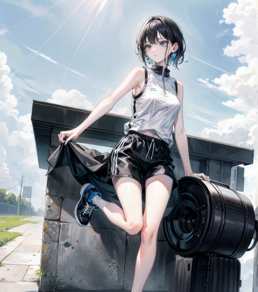 full body, delicate facial features, medium tits, medium hair, black hair, tearful mole, earring, tracksuit, (sleeveless, bare arms), shorts, outdoor,