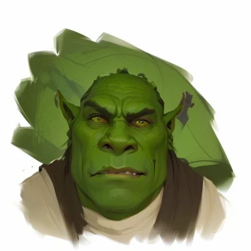 a cartoon image of a man with a green head and a white shirt, shrek portrait, orc merged with vines, orc themed, medium portrait of a goblin, portrait of shrek, portrait of an orc, orc, half - orc, ogre, portrait of a goblin, portrait of an ork, full og shrek, an orc, speedpaint, grumpy [ old ]