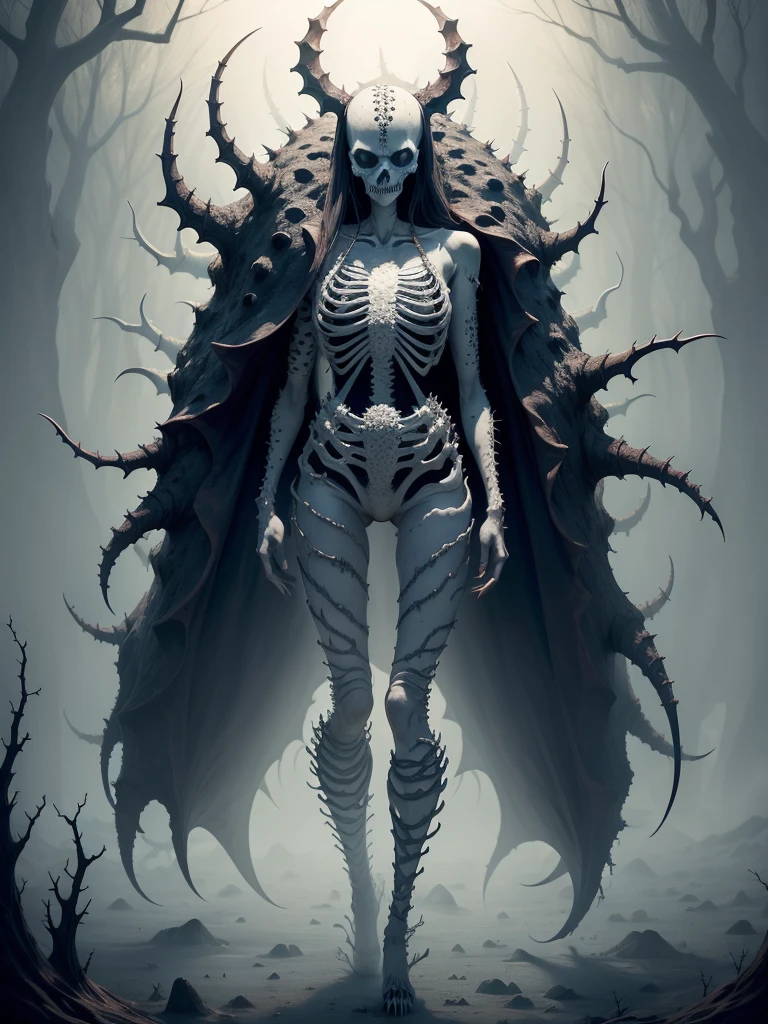 A nightmare-like creature with a face and body that triggers trypophobia., covered with barnacles, causing horrifying horror. It has twisted, sharp thorns., skeleton details, Thin and skinless. full body