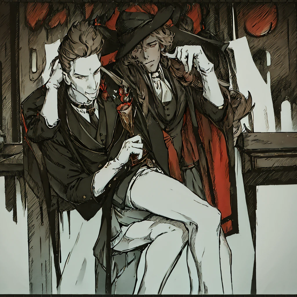 1 handsome man with white skin and short brown curly hair, eyes browns, serious expression, dressed in an elegant black and red suit, with white gloves, sitting on a chair inside a bar.