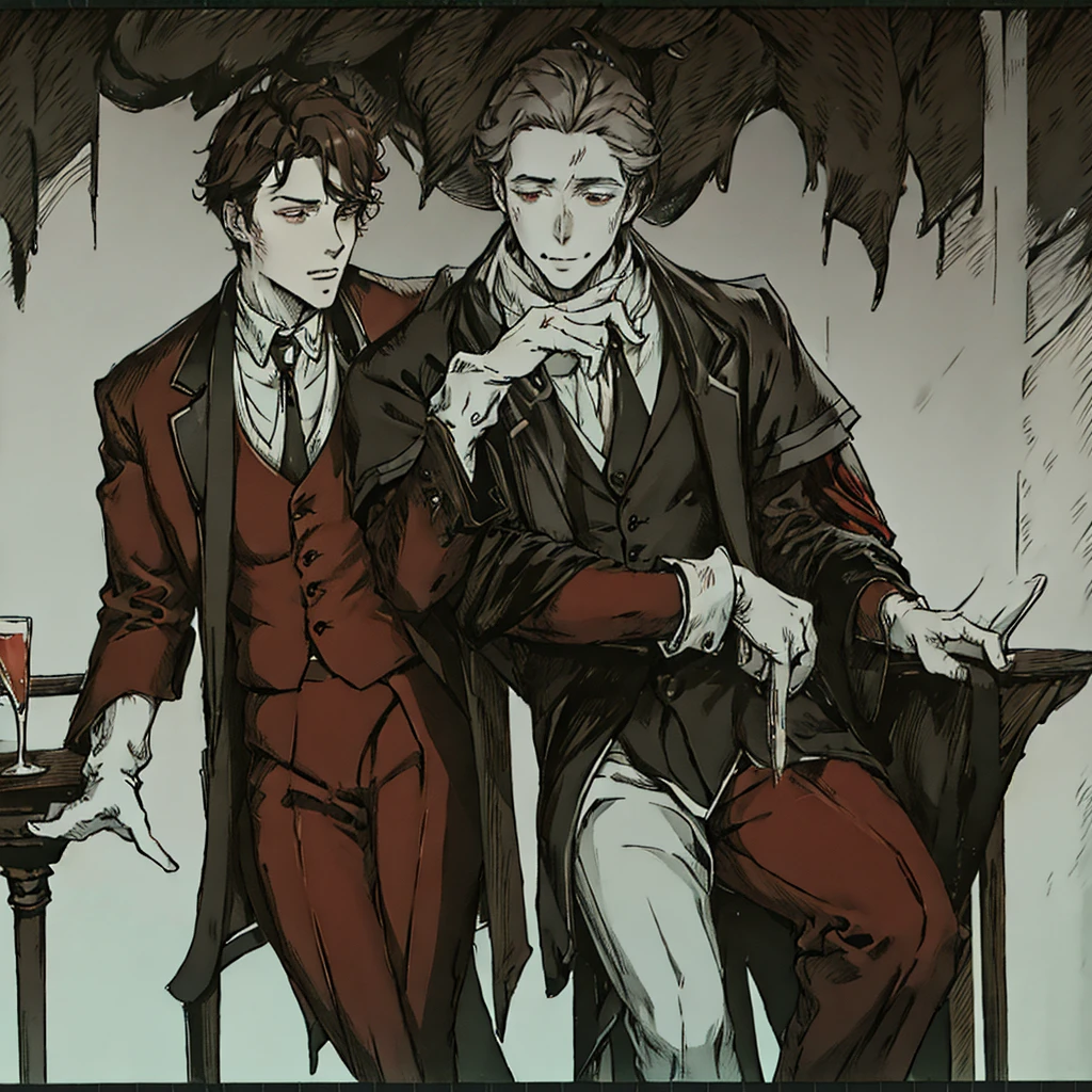 1 handsome man with white skin and short brown curly hair, eyes browns, serious expression, dressed in an elegant black and red suit, with white gloves, sitting on a chair inside a bar.