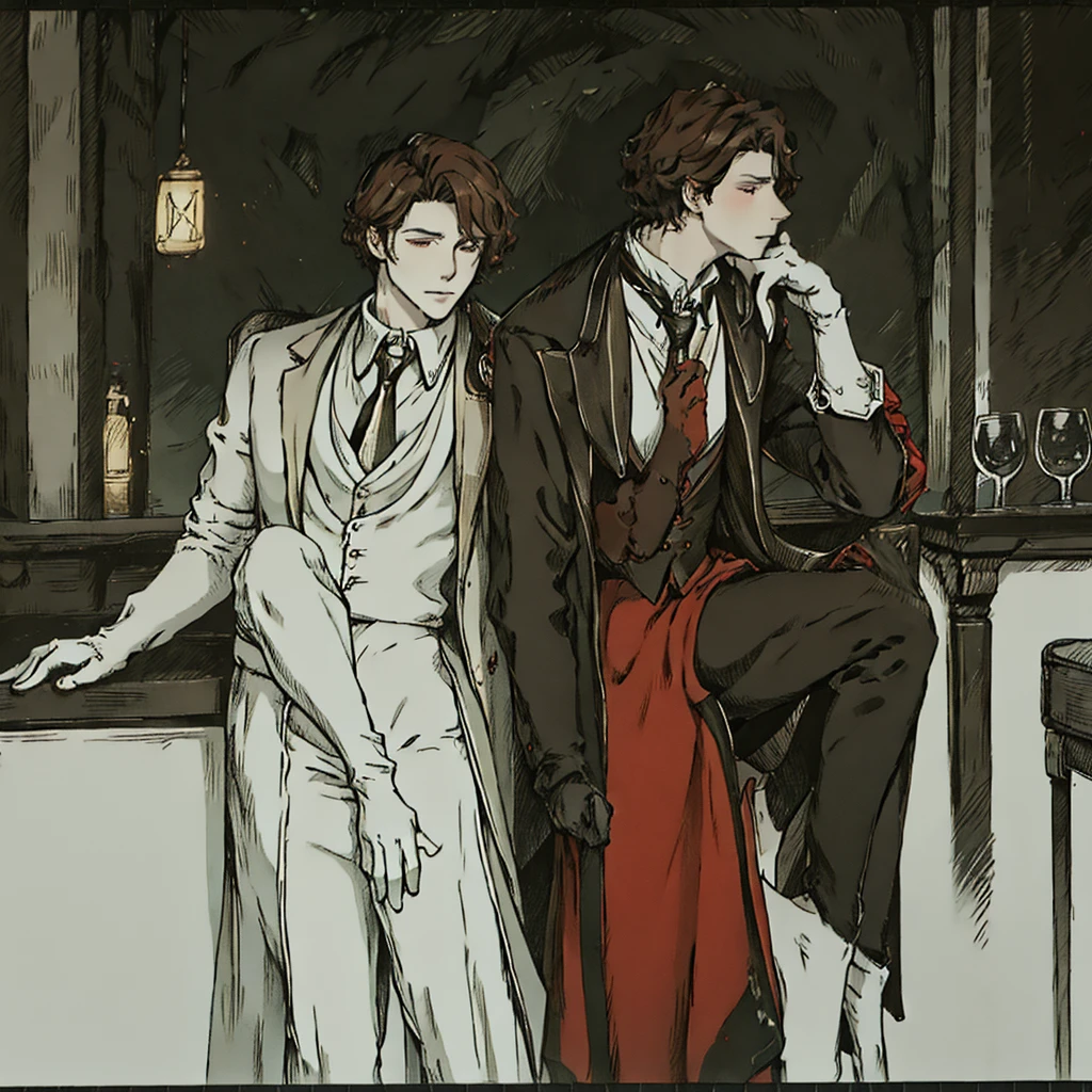 1 handsome man with white skin and short brown curly hair, eyes browns, serious expression, dressed in an elegant black and red suit, with white gloves, sitting on a chair inside a bar.
