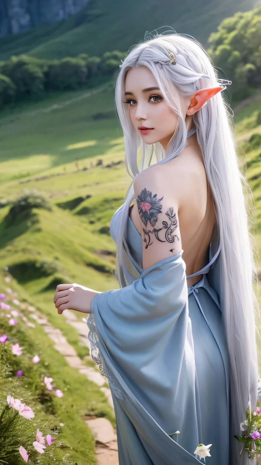 Highest quality、8hair、masterpiece、Hills covered with flowers、Beautiful elf girl looks back(Wizard Robe、tattoo:8、Gray Hair、Very long hair)、There are three friends around
