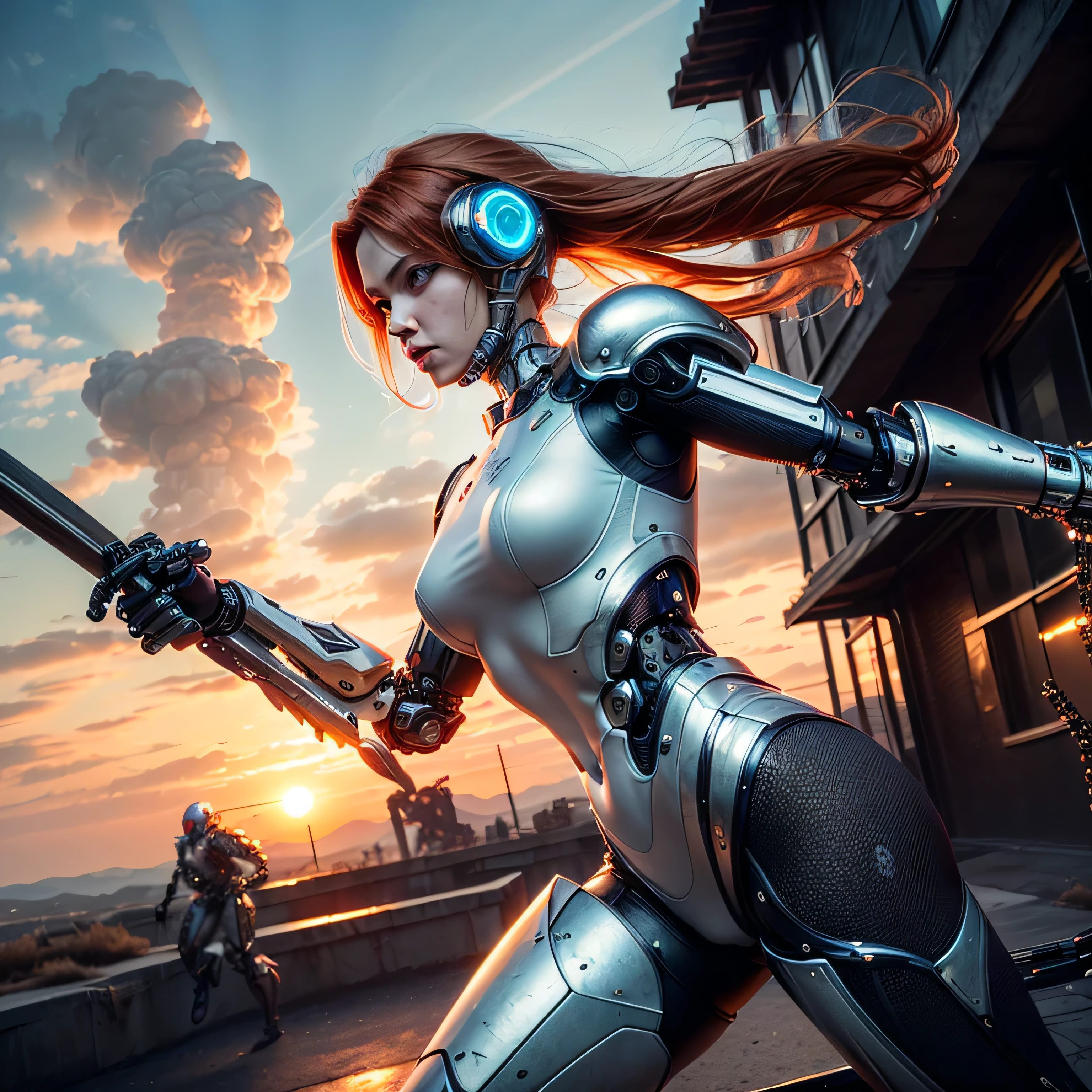 (masterpiece, photorealistic:1.4, extremely intricate:1.3), (photon mapping, radiosity, physically based rendering, ultra resolution, hyper-realistic, hyper-realistic, 8K, (dtx)), muscular girl, ((lacquered white perfectchainmail armor:0.8, ((mechanical limbs, cybernetic arms, futuristic cyborg, ((weapon)), razorwhip)), intense, [skin detail:freckles:0.8])), metal reflections, outdoors, sunset, background futuristic battlefield, far away city destruction, god rays blasting a crater, professional photograph, (straight ginger hair, wind, windy, running dynamic movement pose, arm raised), sharp focus, dramatic, award winning, (film grain, bokeh, interaction)