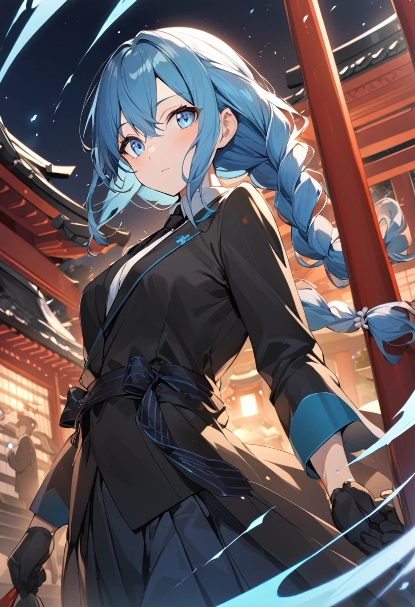 One Girl,azure hair,Hairstyle: braided ponytail, pale blue eyes,Medium chest,Dynamic Angle),Japanese shrine with night background,Black coat、Black suit、Black tie、Black gloves
