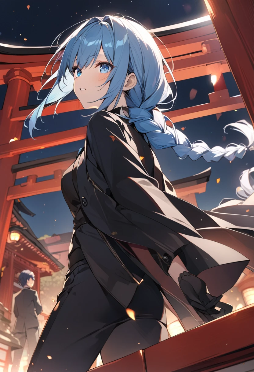 One Girl,azure hair,Hairstyle: braided ponytail, pale blue eyes,Medium chest,Dynamic Angle),Japanese shrine with night background,Black coat、Black suit、Black tie、Black gloves